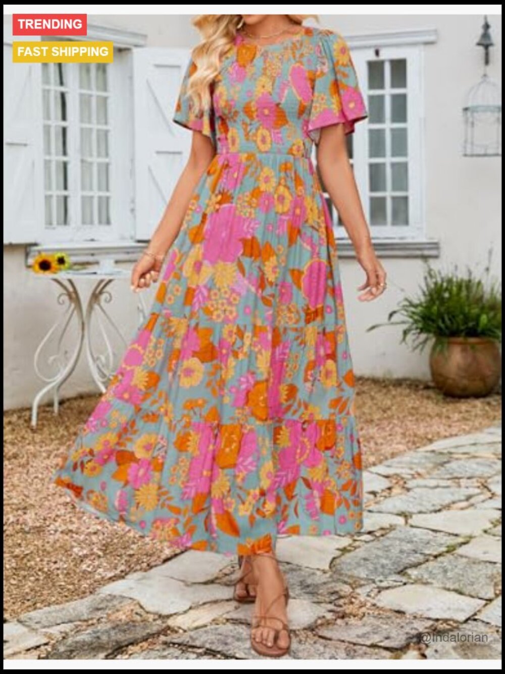Boho Floral Maxi Dress with Flutter Sleeve, Smocked Bodice, Tiered Skirt - Picture 4 of 7